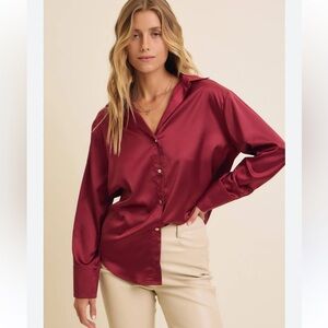 Zara Burgundy Satin Button Down Shirt